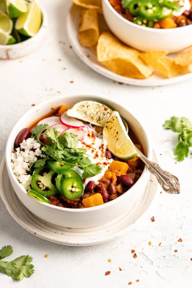 butternut and bean chili served with tortilla chips
