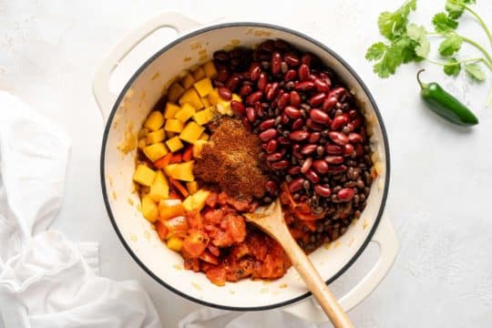 adding spices, beans and tomatoes to large pot