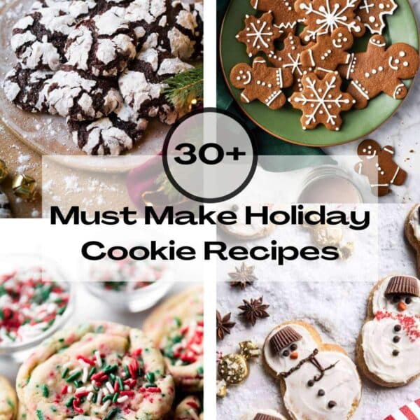 Collage with crinkle cookies, gingerbread cookies, sugar cookies and snowmen cookies.