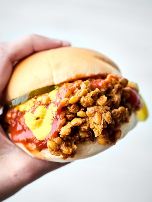 hand holding a sloppy Joe made with lentils