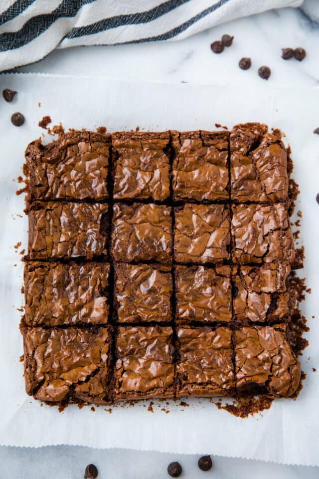 brownies with crinkly tops cut into squares