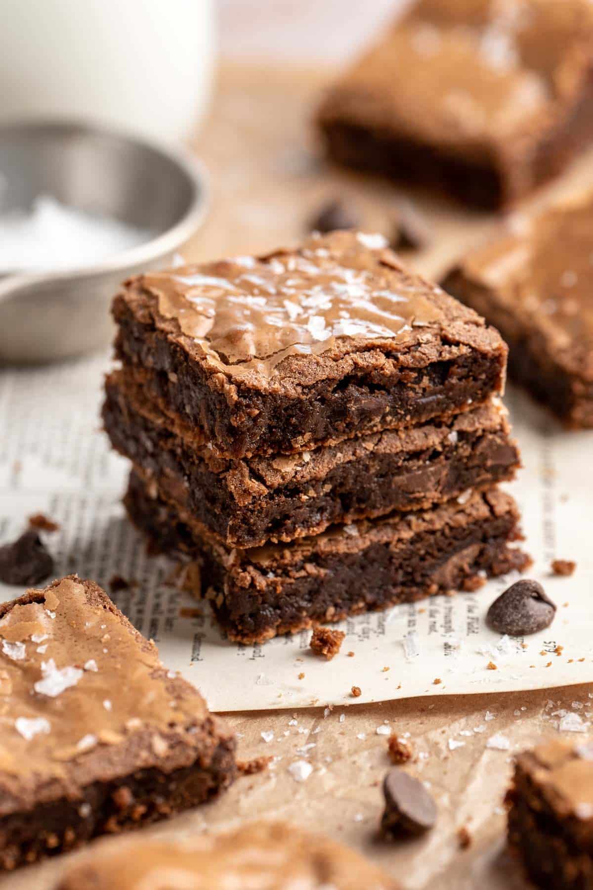 Three stacked gluten-free-brownies.