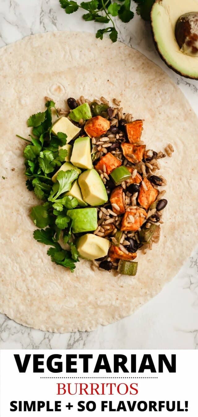 tortilla filled with brown rice, sweet potato and black beans