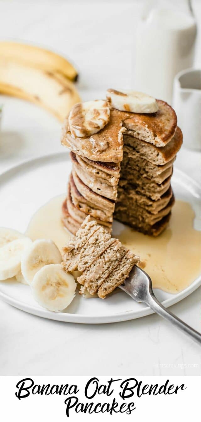 banana pancakes stacked on a white plate with maple syrup