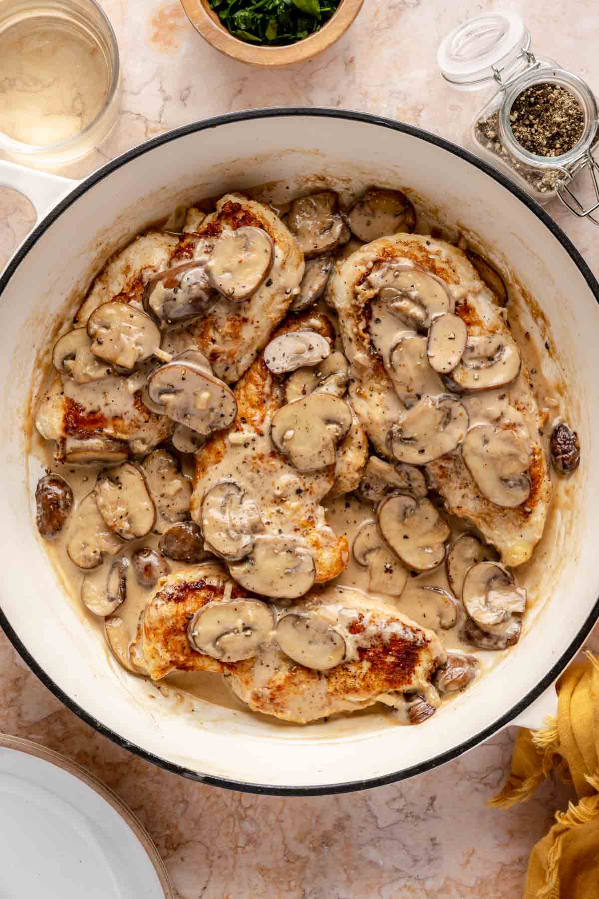 Chicken Marsala in a skillet.