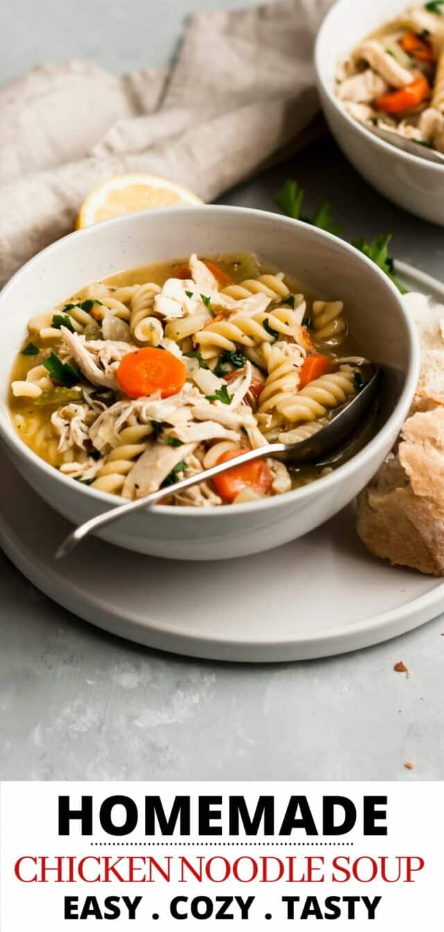 homemade chicken noodle soup served with crusty bread