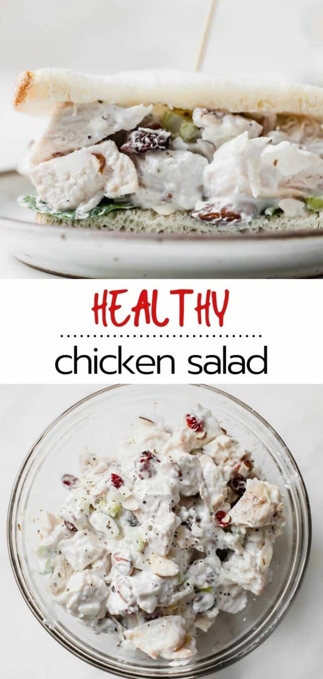 chicken salad made in a glass bowl and served on a small white plate