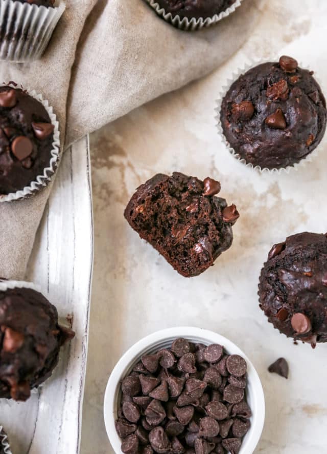 chocolate muffin that has been bitten into 