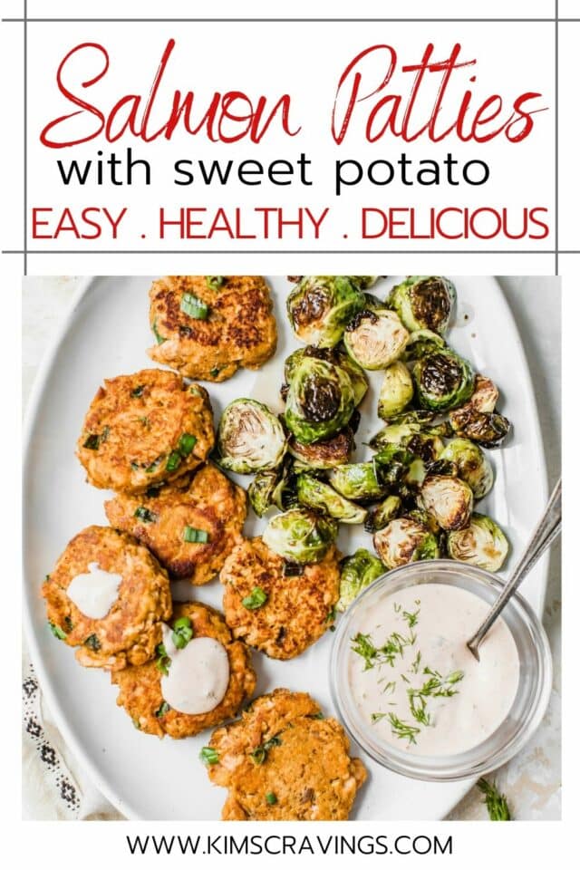 healthy sweet potato salmon cakes served with Brussels sprouts and dill sauce