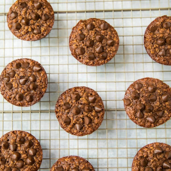 chocolate oatmeal muffins on a wire cooling rack