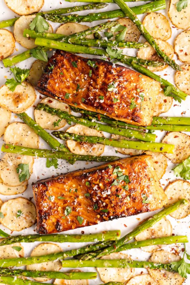salmon with asparagus and potatoes on a sheet pan