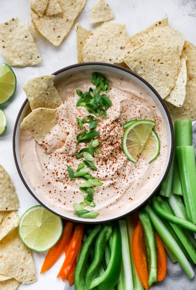 chipotle ranch dressing or dip served with tortilla chips and raw veggies