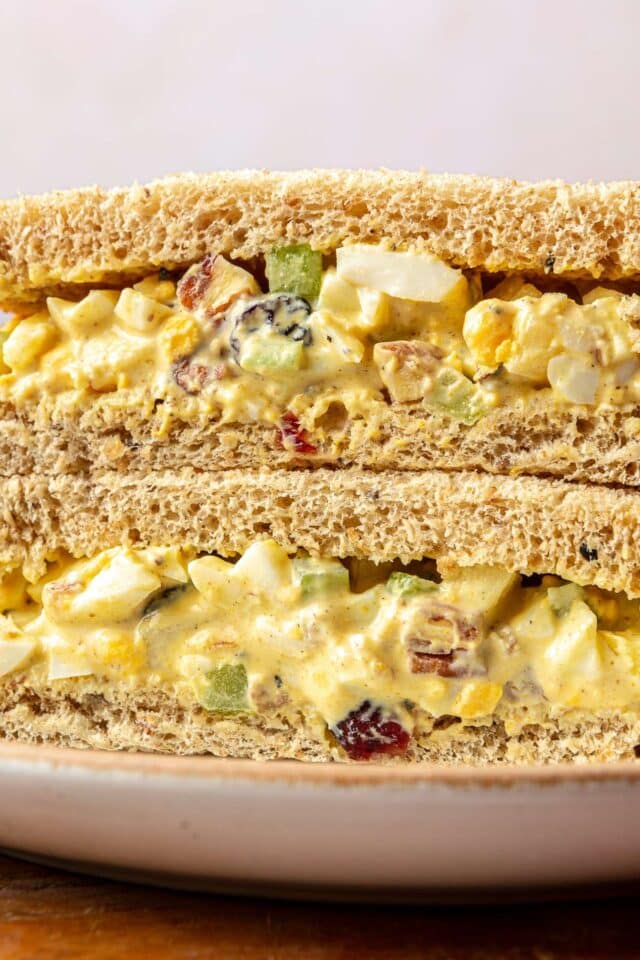 Closeup of egg salad sandwich.