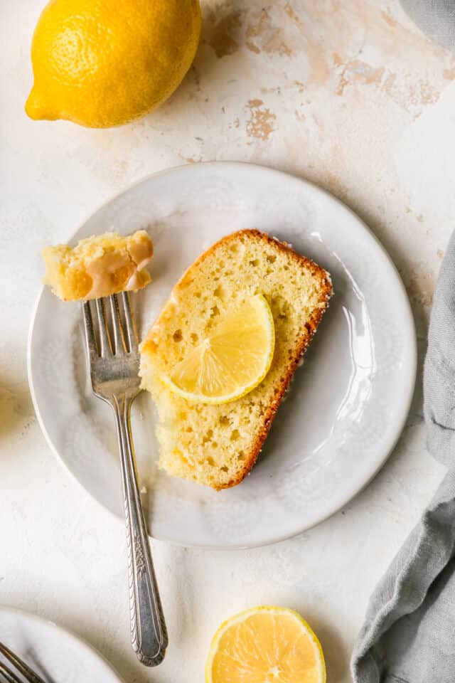 bite of lemon pound cake on a fork