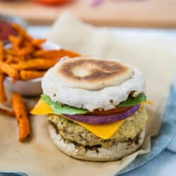 juicy turkey burger served on an English muffin with sweet potato fries