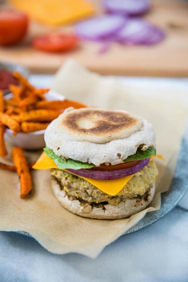 juicy turkey burger served on an English muffin with sweet potato fries