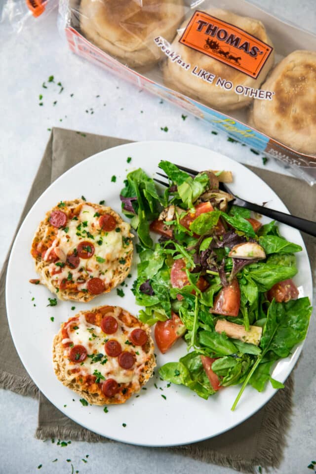 mini pizzas made with Thomas' English Muffins served with a side salad 