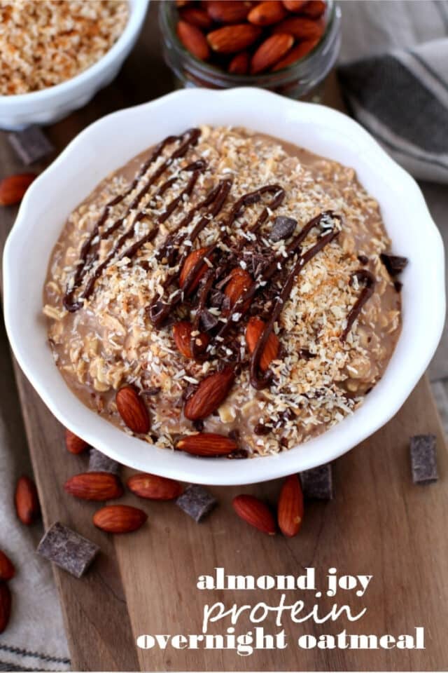 almond joy overnight oatmeal in a white bowl