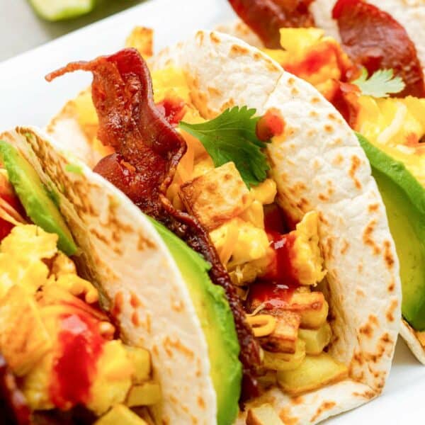 Tacos with bacon, eggs and potatoes.