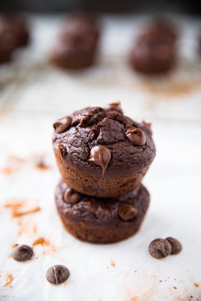 two double chocolate muffins stacked