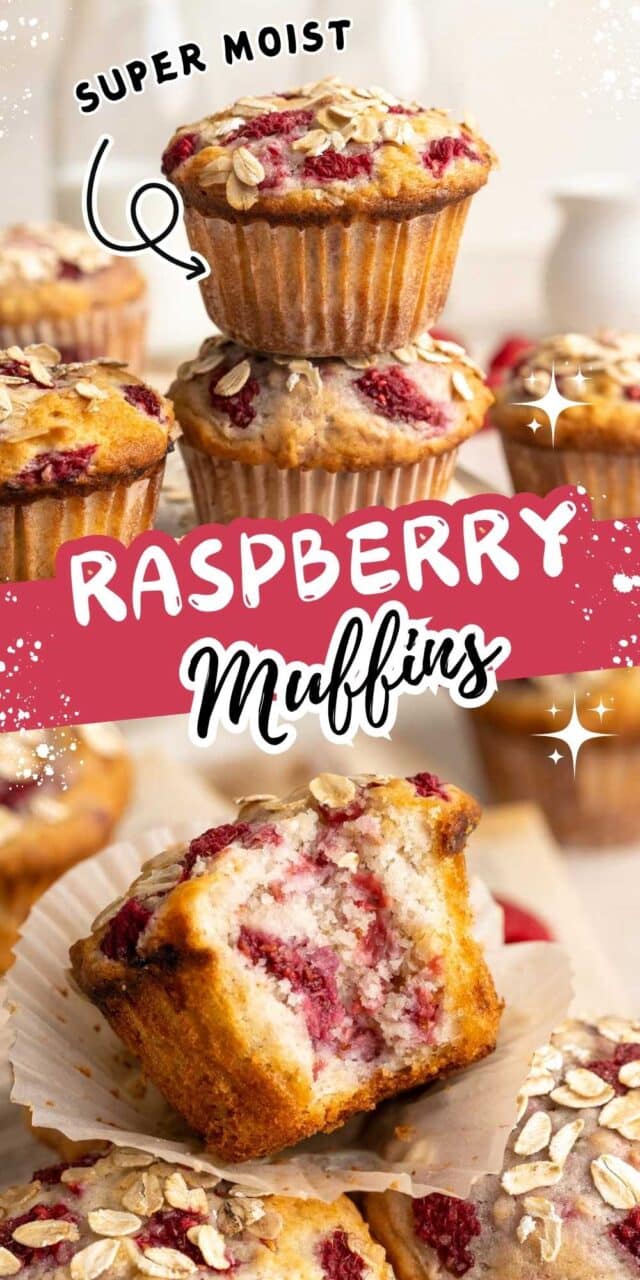 Stacked raspberry muffins topped with oats.