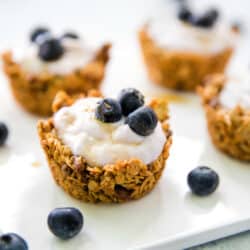 Granola Yogurt Cups on a white tray topped with blueberries