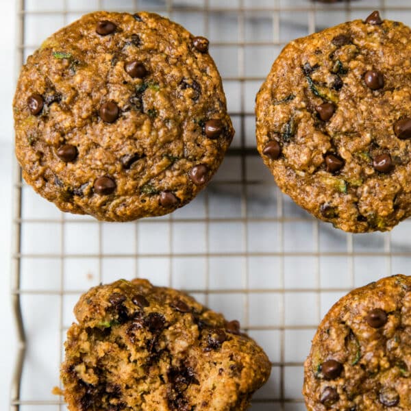 Healthy Chocolate Chip Banana Zucchini Muffins cooling on a wire cooling rack