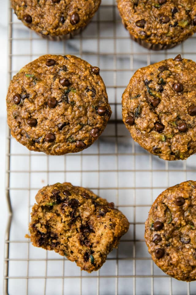 Healthy Chocolate Chip Banana Zucchini Muffins cooling on a wire cooling rack