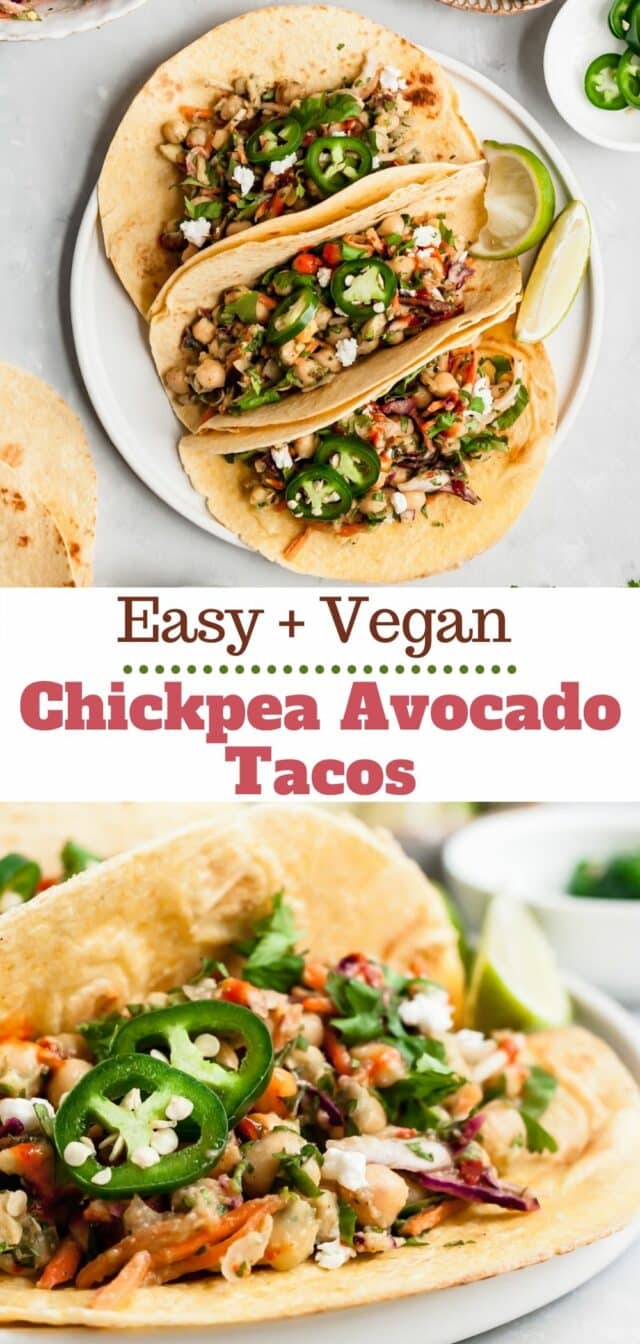Vegan tacos made with chickpeas, avocado and slaw
