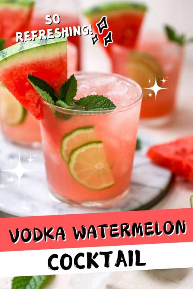 Watermelon cocktail garnished with a watermelon wedge, mint and lime.