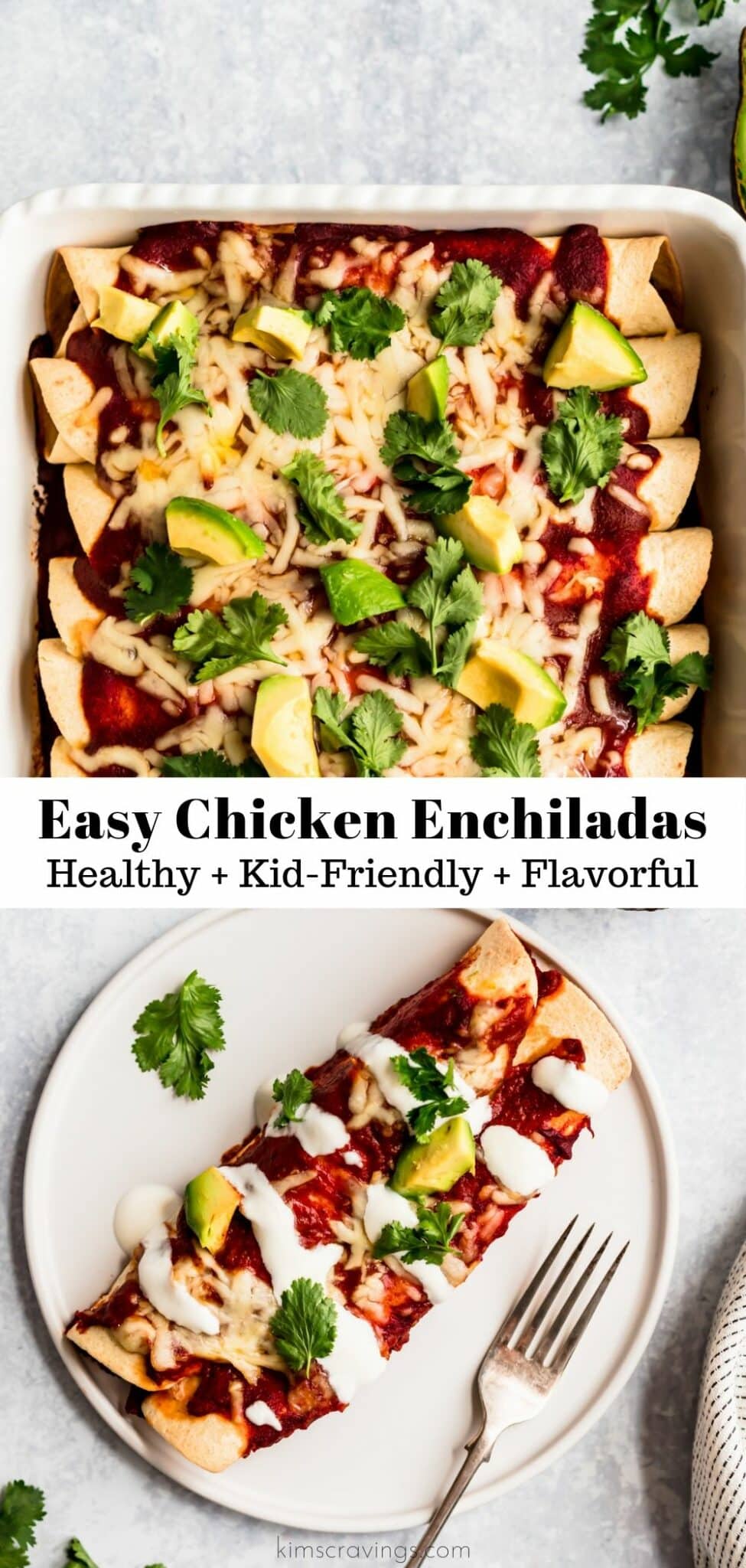 easy chicken enchiladas topped with cilantro and diced avocado