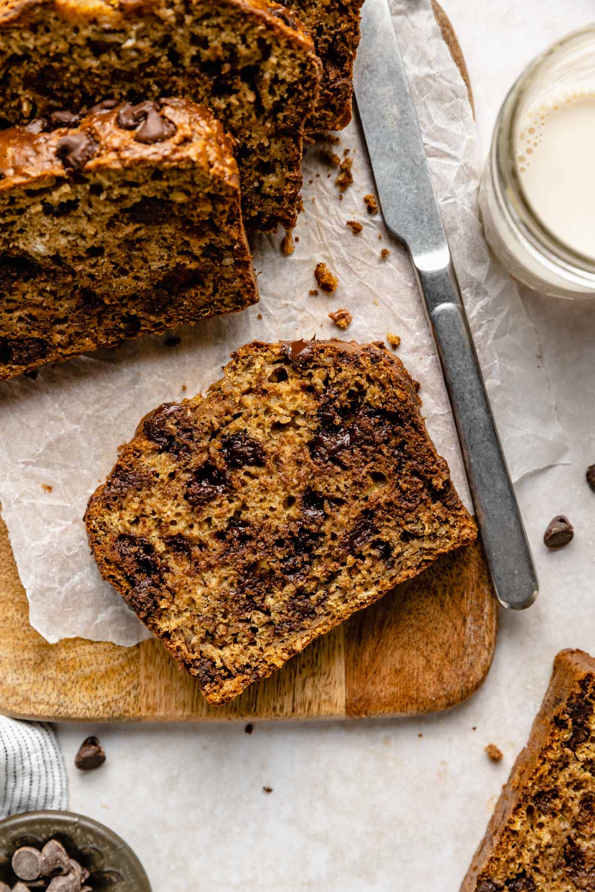 Slice of banana bread served with a glass of milk.