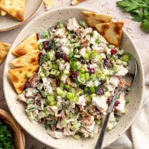Honey mustard chicken salad in a bowl with pita chips and a spoon.