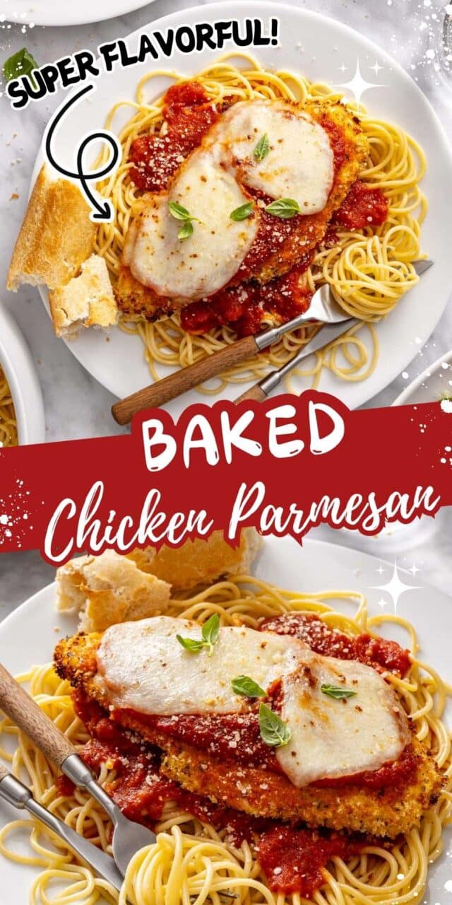 Baked chicken parmesan served over pasta with bread.