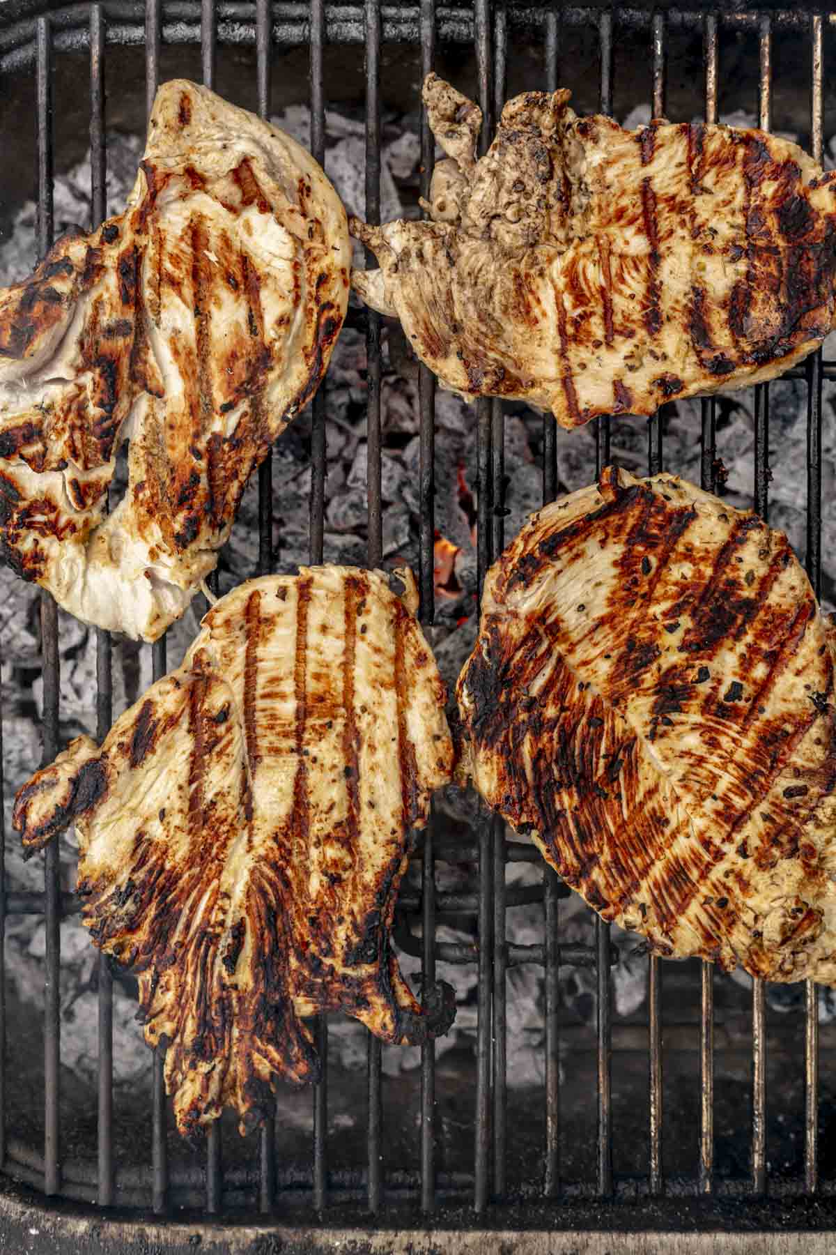 Chicken breasts cooking on a grill.