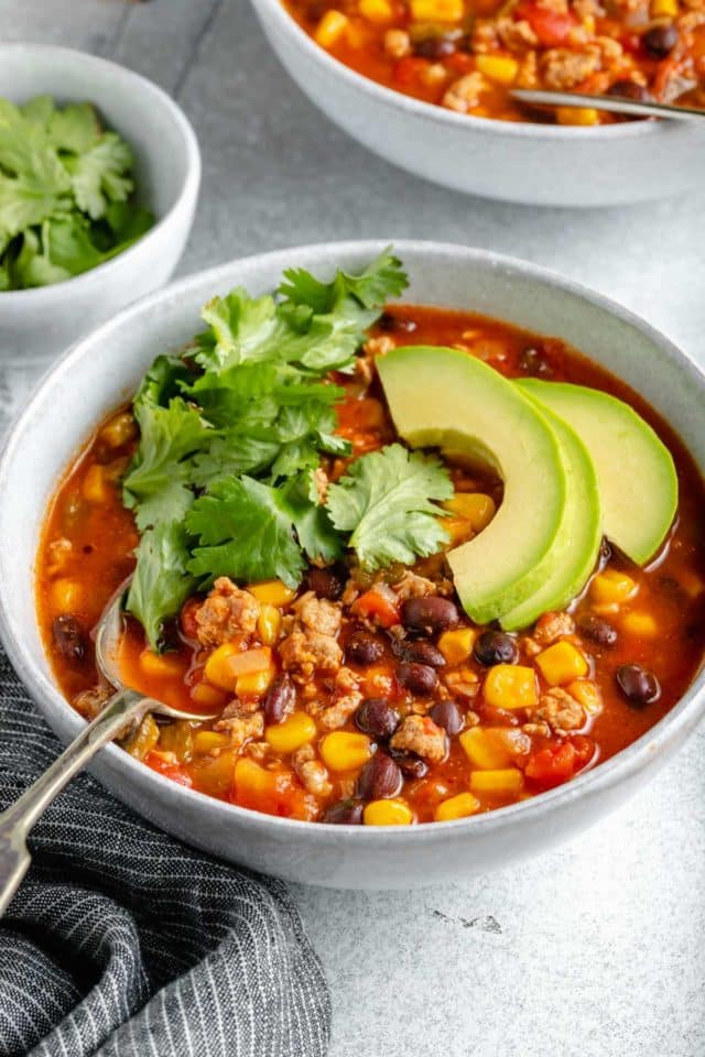 taco soup recipe made with ground turkey, black beans and corn