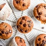 Chocolate chip pumpkin muffins on a wire rack.
