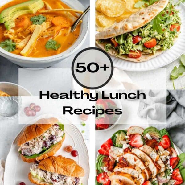 Collage of healthy lunch recipes including a pita, croissants with chicken salad, strawberry salad and tortilla soup.