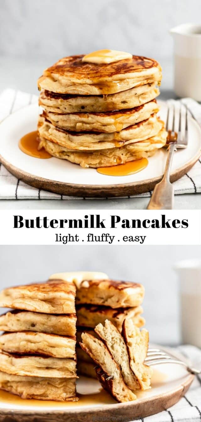 light and easy buttermilk pancakes served with butter and syrup