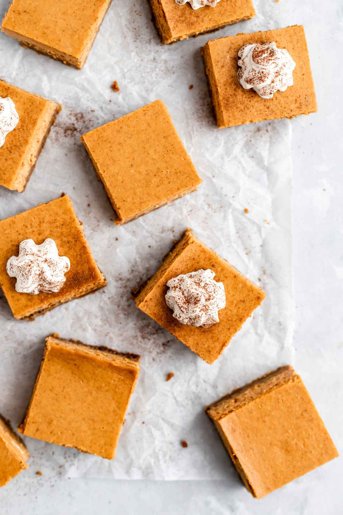 Pumpkin cheese cake bars topped with whipped cream on parchment paper.