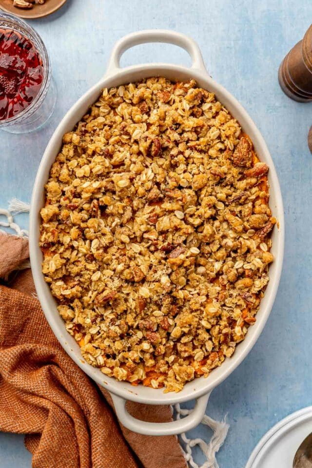 Baked sweet potato casserole topped with a brown sugar pecan and oat streusel. 