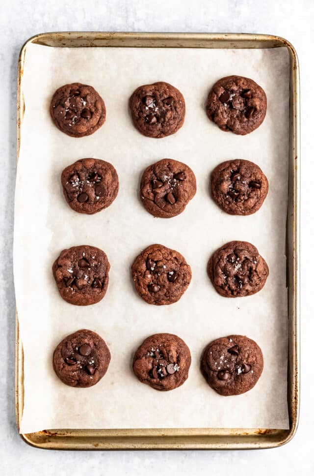 double chocolate chip cookies on a baking sheet pan