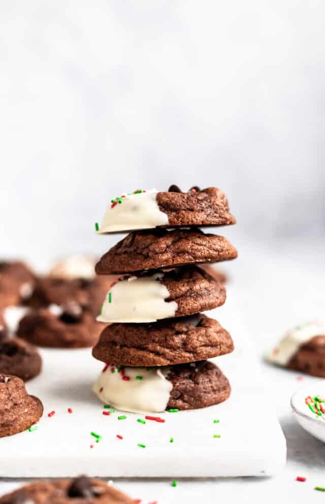 stacked double chocolate chip cookies 
