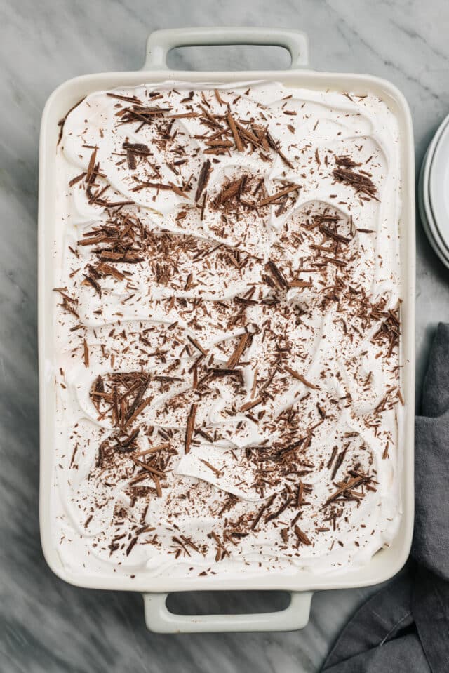 chocolate delight in a 9x13-inch dish topped with chocolate shavings