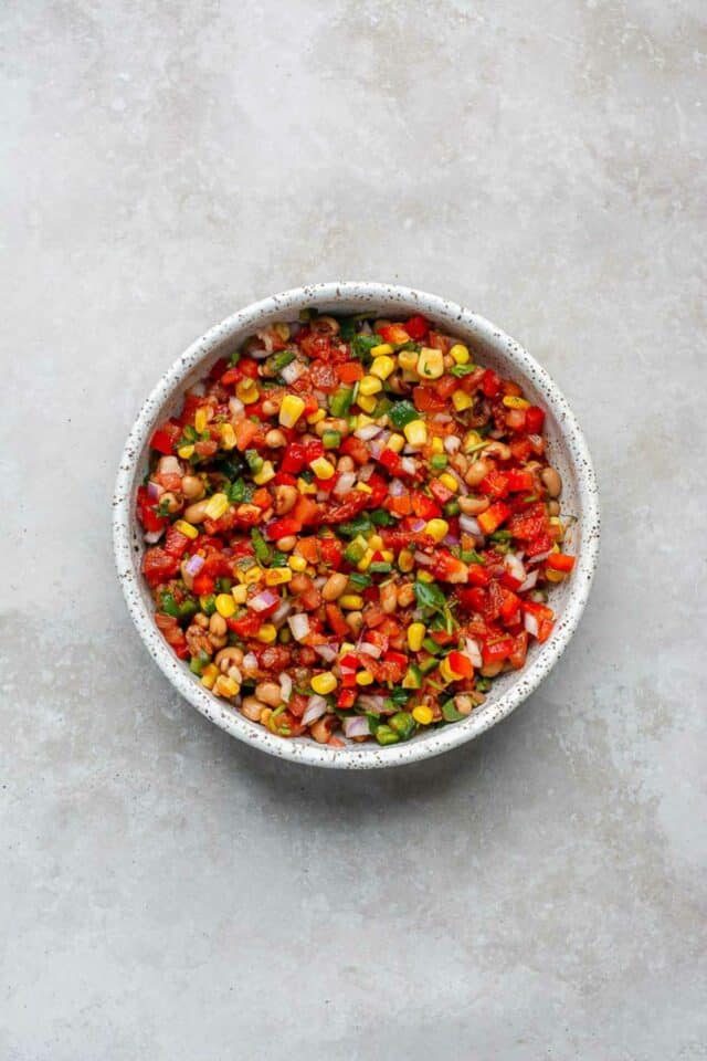 Black-eyed pea salad with veggies tossed with salsa.