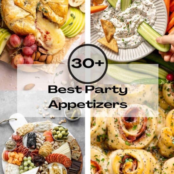 Collage showing party appetizers like baked brie, a charcuterie board, ranch dip and ham and swiss pinwheels.
