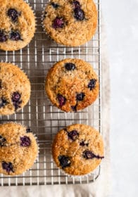 Buttermilk Blueberry Muffins on a wire cooling rack