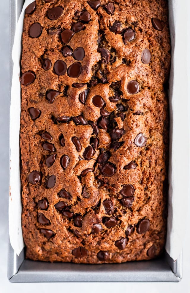 top of Chocolate Chip Banana Bread in loaf pan