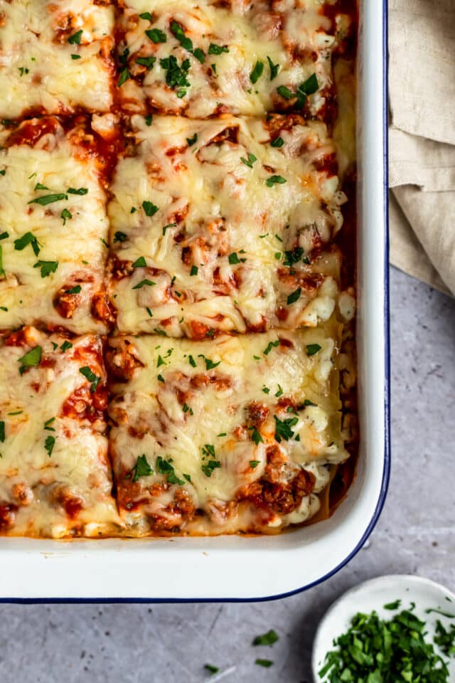 easy healthy lasagna cut into large squares for serving 