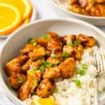 Orange chicken served with white rice.